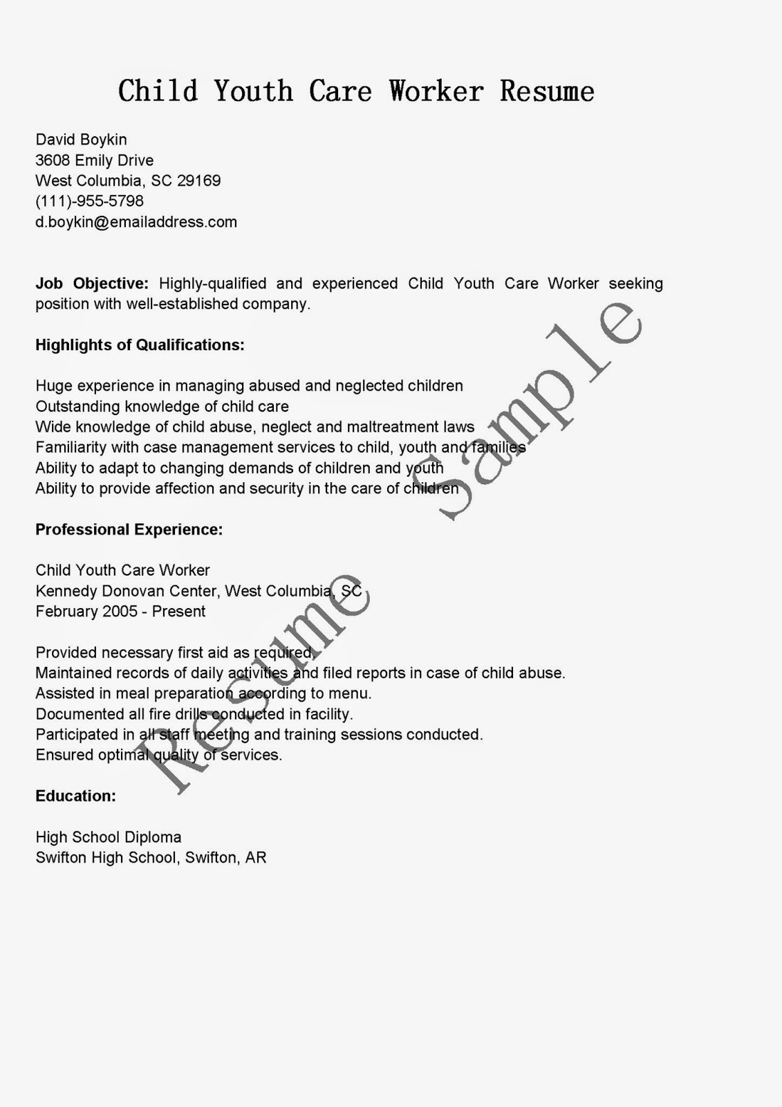 Example of child resume for modeling